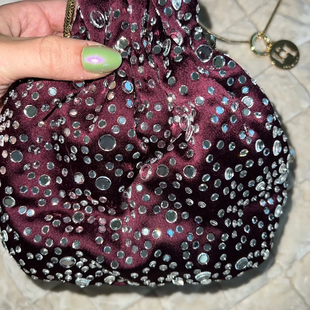 Burgundy Satin Drawstring Evening Pouch with Mirror Studs